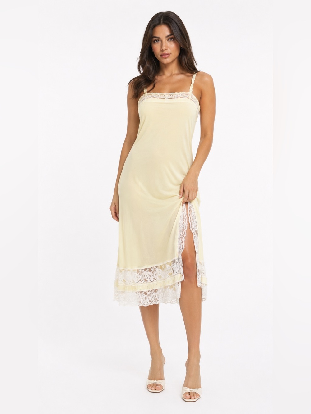 60s/70s European Vintage Charmor Silky Lace Trim Slip Dress (Yellow/White) M/L